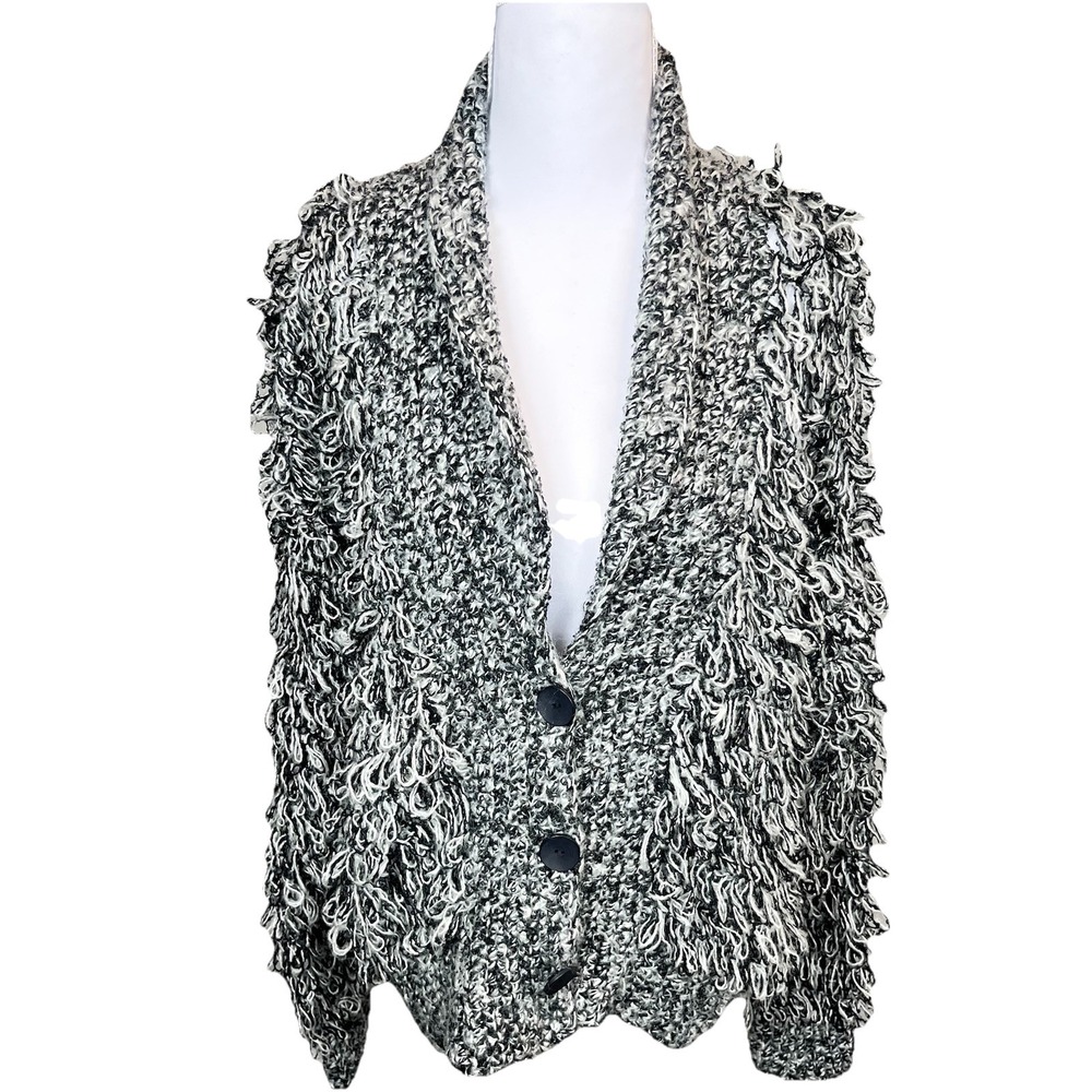 Vintage Womens Shaggy Loop Knit Cardigan Black White Large Boho Retro 80s Chunky